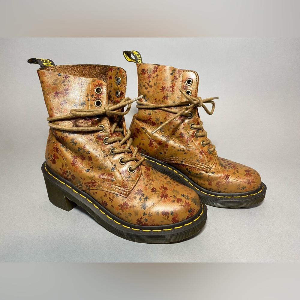 Dr. Martens Heeled Floral Print Leather Lace Up Boots